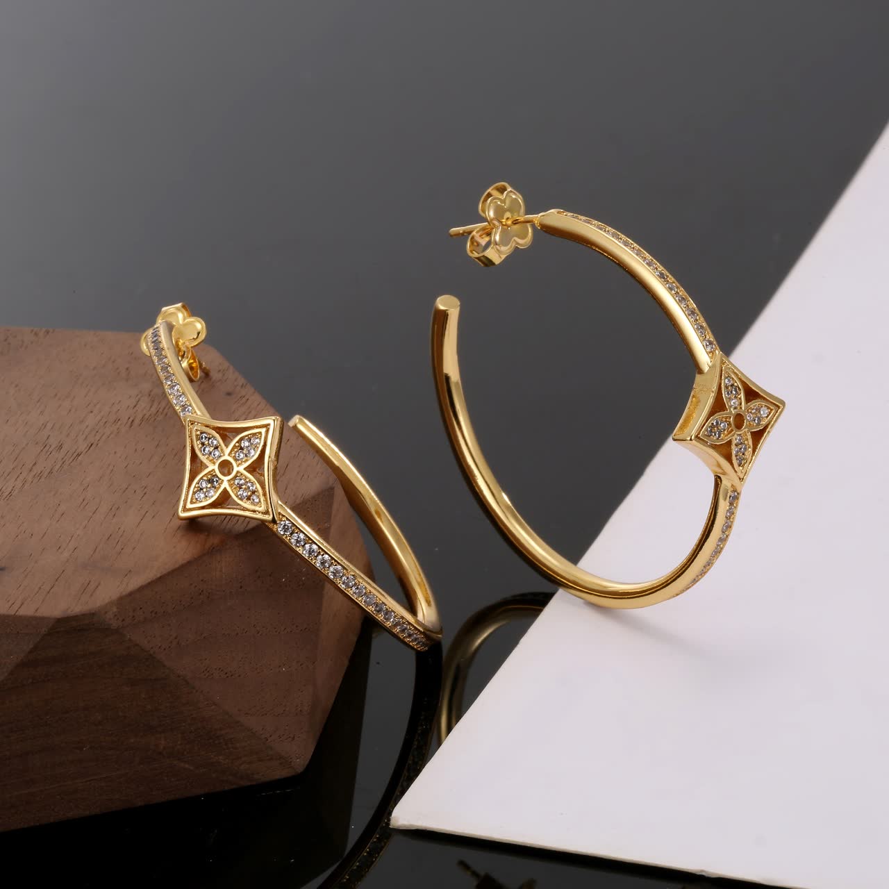 Louis Vuitton Gold Hoop Earrings with Diamond Accents